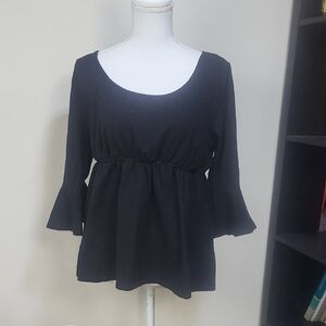 eSHAKTI Black Cotton Wide Rounded Neck Elastic Empire Waist Ruffle Sleeve Top